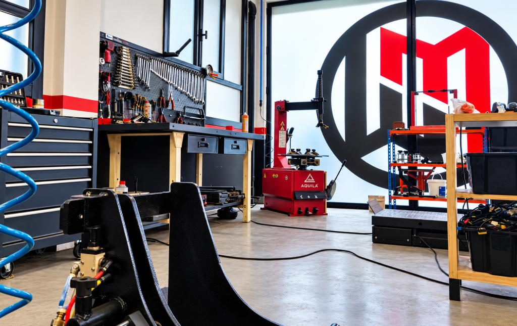 Interior de un taller de motocicletas con herramientas y elevadores