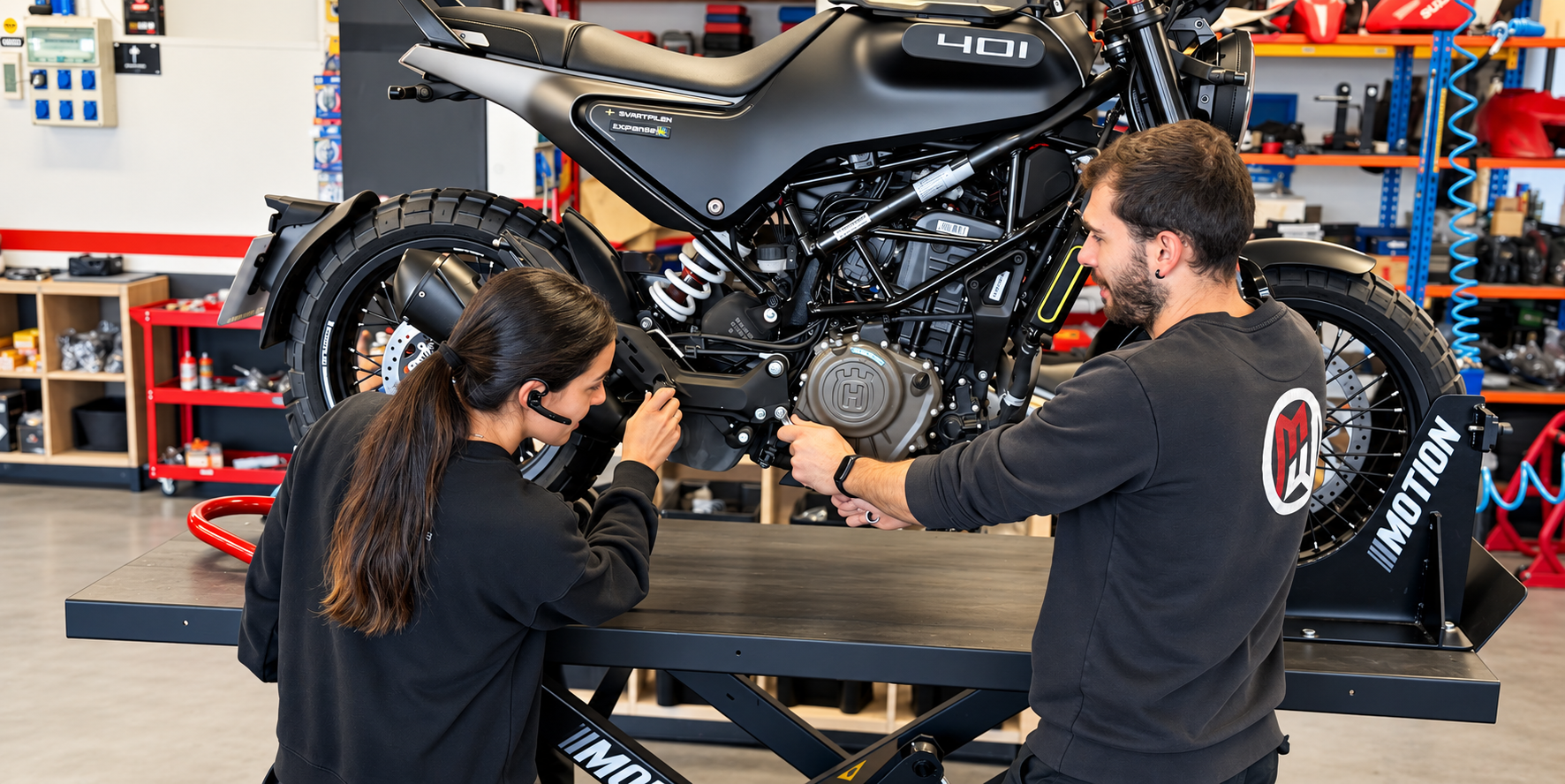 Dos personas trabajan en una motocicleta Husqvarna 401 en un taller